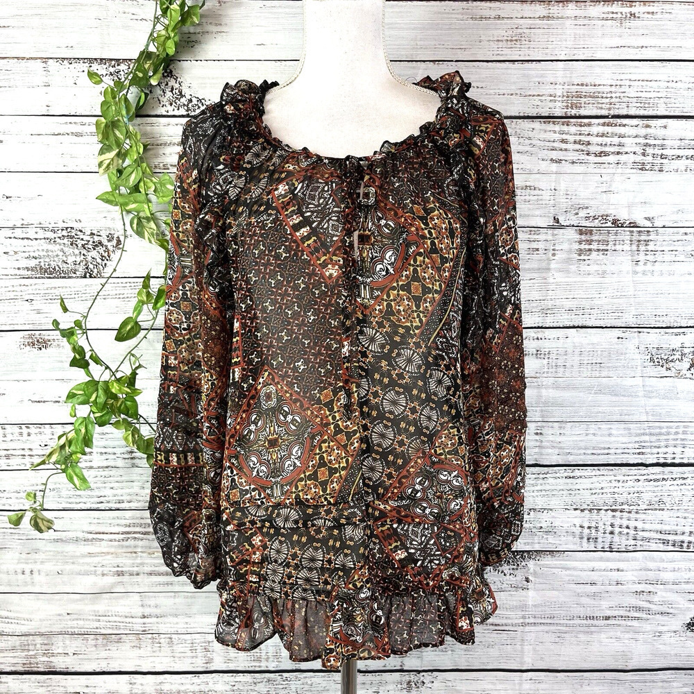 Miss Me Blouse Tunic size Small Black Brown Retro Sheer Ruffles Boho Peasant